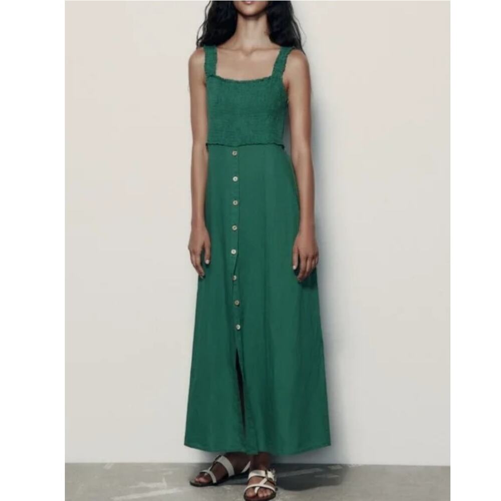 Zara‎ Kelly Green Smocked Linen Blend Maxi Dress Women's Small Cottage Prairie